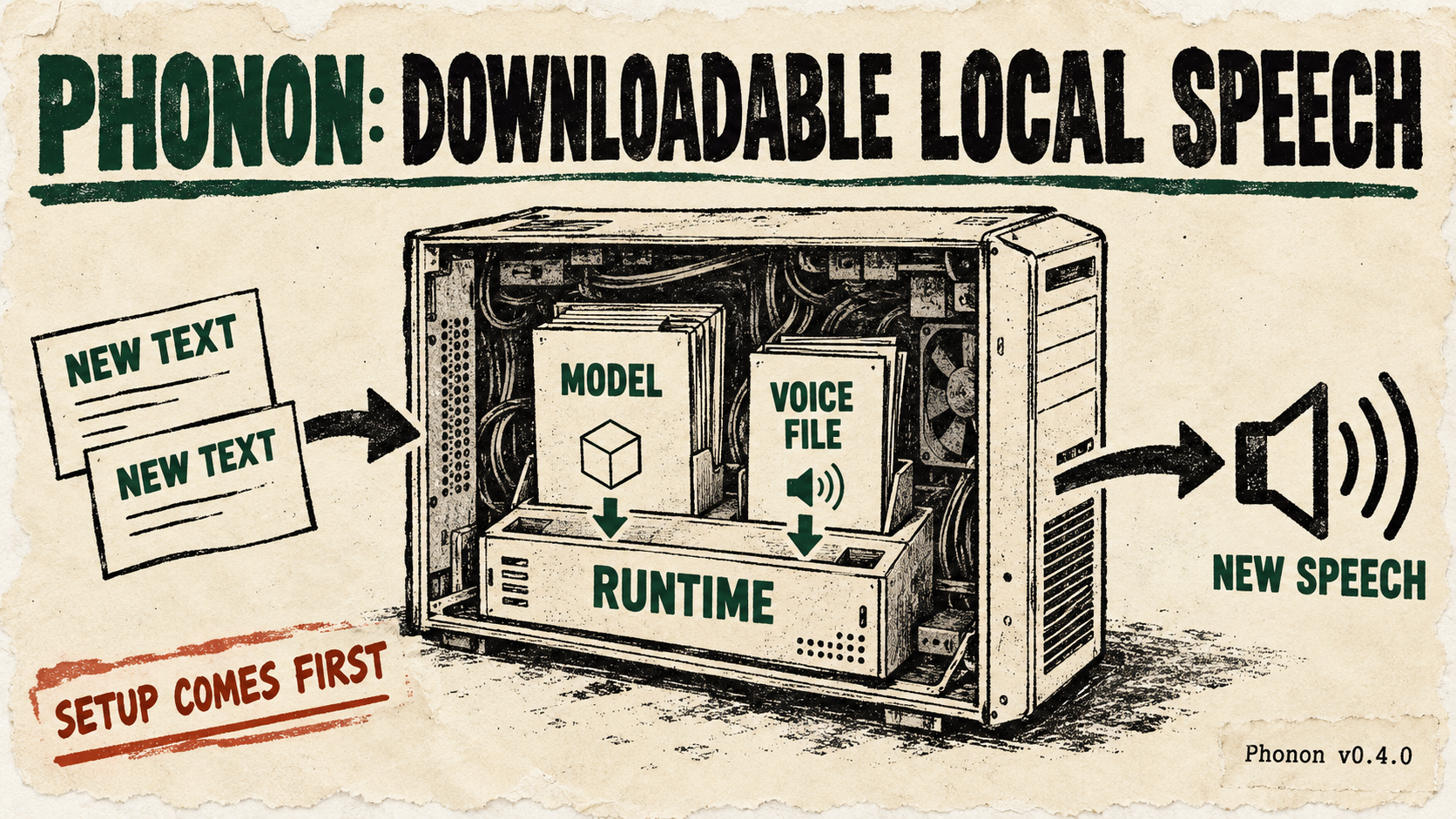 A cutaway computer holds a speech runtime, model and voice file. New text enters and generated speech leaves; a stamp says setup comes first.