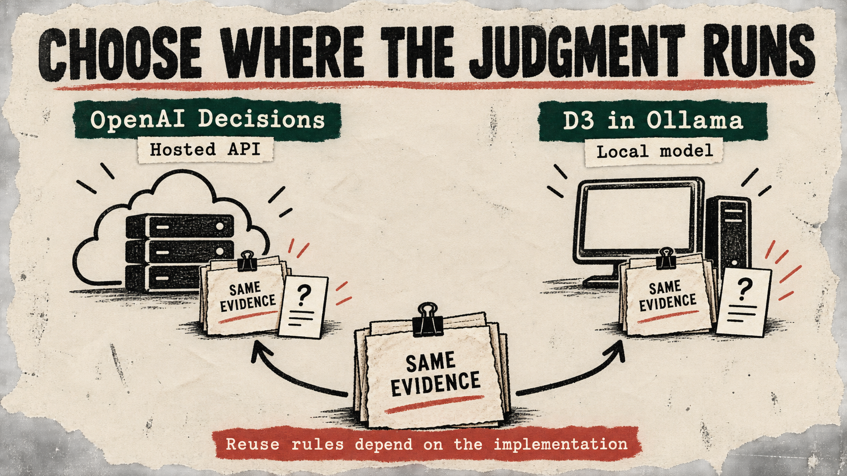 A paper dossier branches toward OpenAI Decisions hosted servers and a computer labelled D3 in Ollama. Reuse rules depend on the implementation.