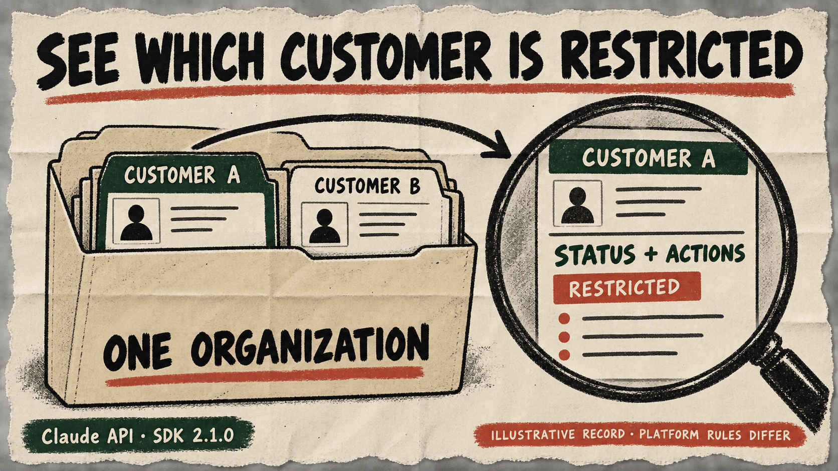 A paper folder holds Customer A and Customer B; a magnifier enlarges A’s status and actions record with a restricted stamp.