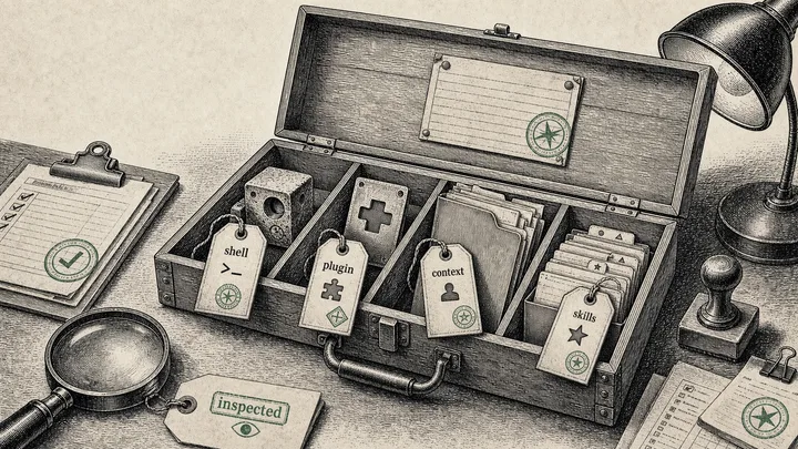 Newspaper-style ink illustration of an open shipping case with tagged runtime parts, showing packaged shell, plugin, context, and skills components as inspectable records.