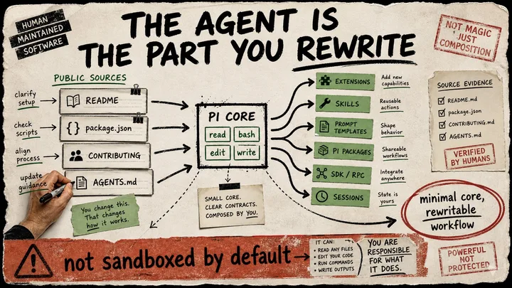 Diagram Punk poster showing Pi as a small agent core fed by maintainer source cards, with arrows to extensions, skills, packages, sessions, and a warning that it is not sandboxed by default.