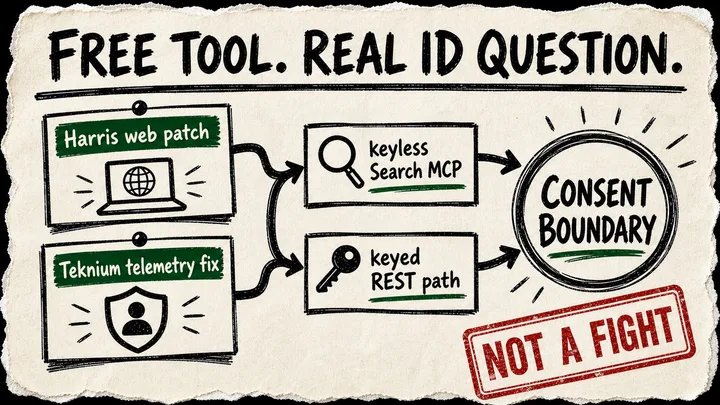 Diagram-style zine poster showing a contributor patch and maintainer fix feeding into keyless MCP and keyed REST paths, with a circled consent boundary.