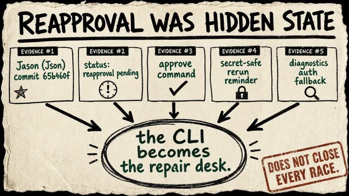 Rough marker poster with five OpenClaw reapproval evidence cards feeding into a circle that says the CLI becomes the repair desk.