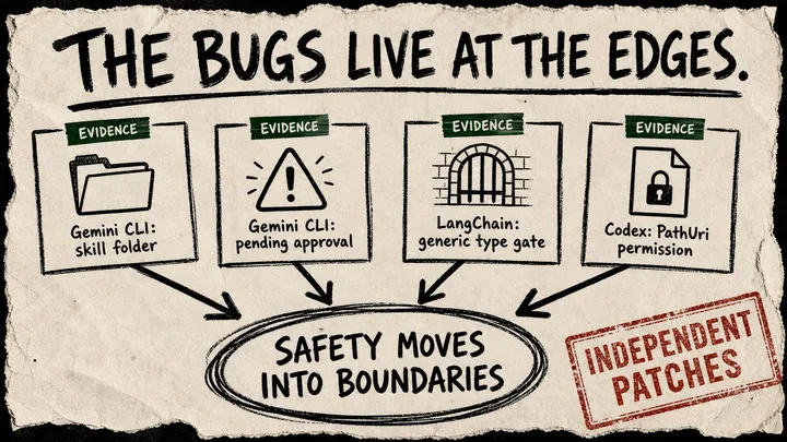 A rough zine-style Diagram Punk poster with Gemini CLI, LangChain, and Codex evidence cards pointing to a circled conclusion that safety moves into boundaries.