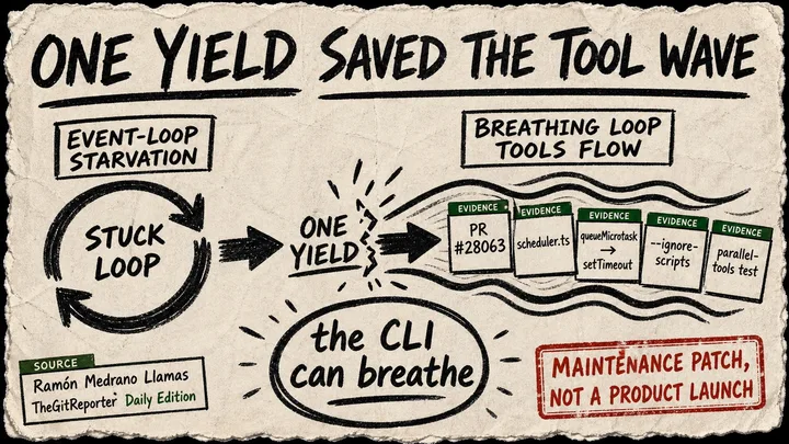 A rough marker diagram titled One Yield Saved The Tool Wave, showing a stuck loop breaking into source cards for Gemini CLI PR #28063, scheduler code, ignore-scripts, and a parallel tools test.