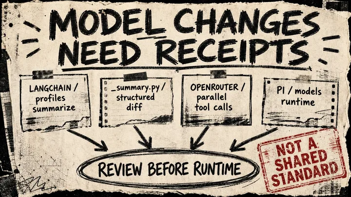 Diagram Punk poster showing LangChain and Pi source cards pointing to a circled review-before-runtime conclusion, with a caveat that the changes are not a shared standard.