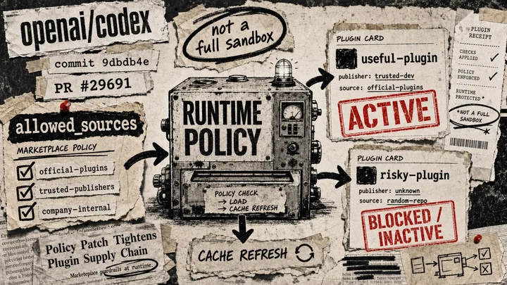 Diagram Punk poster showing Codex marketplace source policy feeding a runtime plugin loader, with blocked plugins marked inactive and a caveat that it is not a full sandbox.