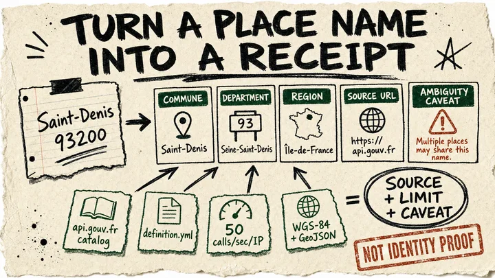 Diagram Punk poster showing a French place-name note becoming structured API Geo cards with source, rate-limit, and caveat labels.