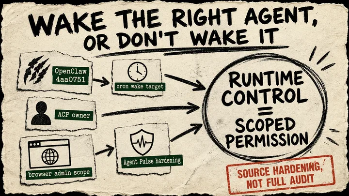 Diagram Punk poster showing OpenClaw commits as source cards narrowing scheduled wake and gateway control paths toward a scoped permission circle.