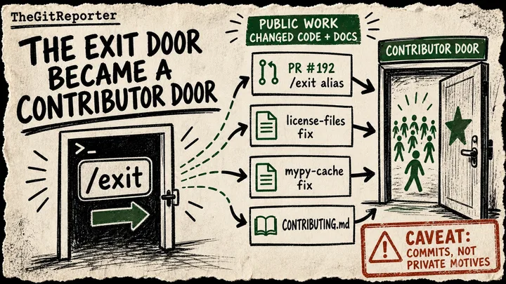 Diagram Punk poster showing a slash-exit command card opening into a contributor doorway, with Tau pull requests and contributing guidelines as source cards.