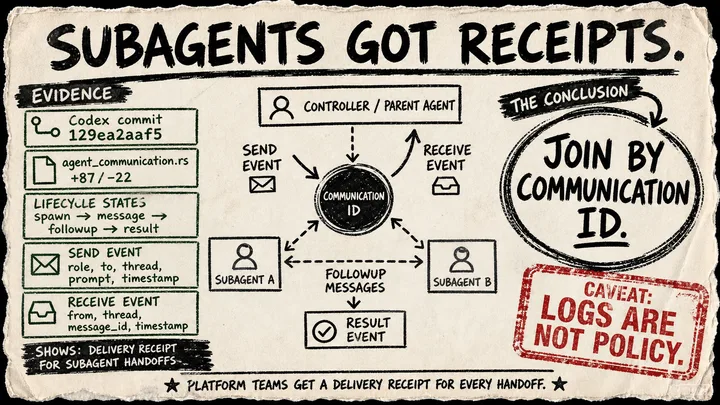 Rough Diagram Punk poster showing Codex subagent send and receive events joined by a communication ID.