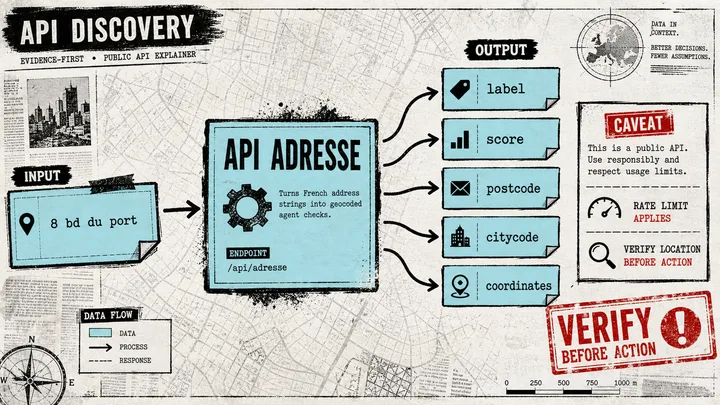 Diagram Punk illustration showing API Adresse turning an address string into labels, scores, postcodes, city codes, and coordinates with a verify-before-action caveat.