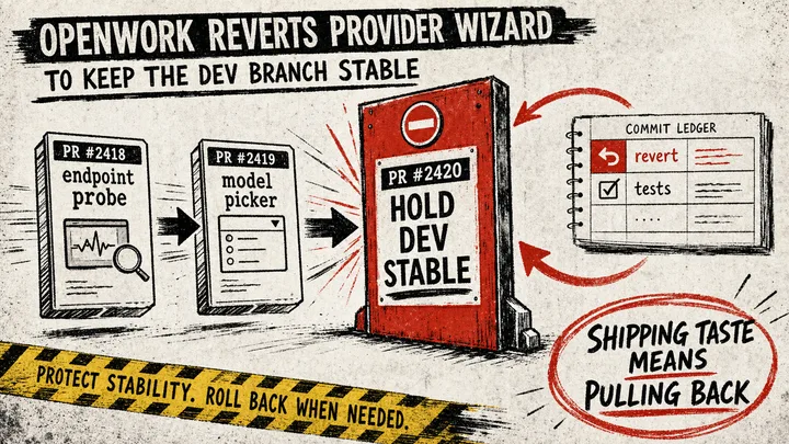 Diagram Punk illustration showing OpenWork provider wizard PRs being rolled back by PR 2420 to hold the dev branch stable.