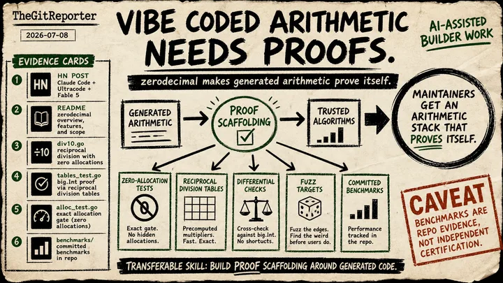 Diagram Punk poster showing zerodecimal proof scaffolding around AI-assisted arithmetic with cards for HN proof, div10.go, table tests, allocation gates, and benchmark caveat.
