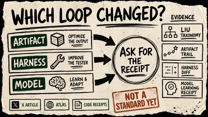 Diagram Punk poster with the hook 'Which loop changed?', artifact, harness, and model lanes pointing to 'Ask for the receipt', evidence cards for Liu taxonomy, artifact trail, harness diff, and model-learning receipt, and a red caveat stamp that says 'Not a standard yet.'
