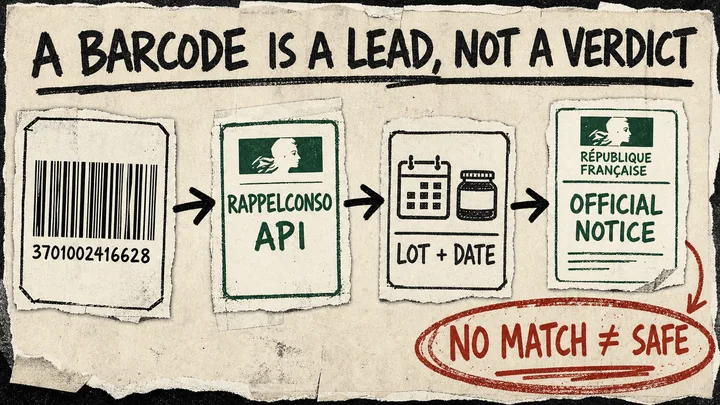 Diagram Punk poster showing a barcode flowing through the official RappelConso API to a lot-and-date check and government recall notice, with a warning that no match does not mean safe.