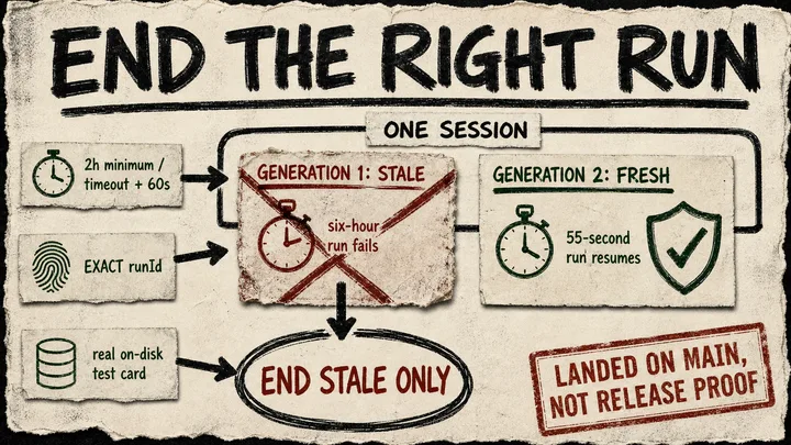 Diagram Punk poster showing a stale and fresh agent-run generation sharing one session, with restart recovery durably ending only the stale run before any output is sent.