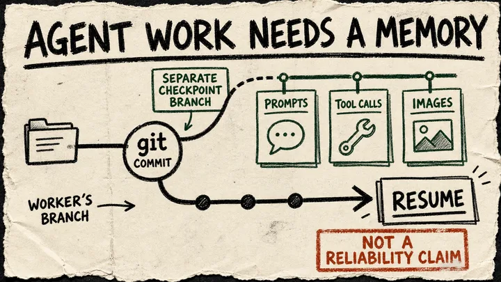 Diagram Punk poster showing a Git commit linked to a separate checkpoint branch holding prompts, tool calls, and images before a resume step.