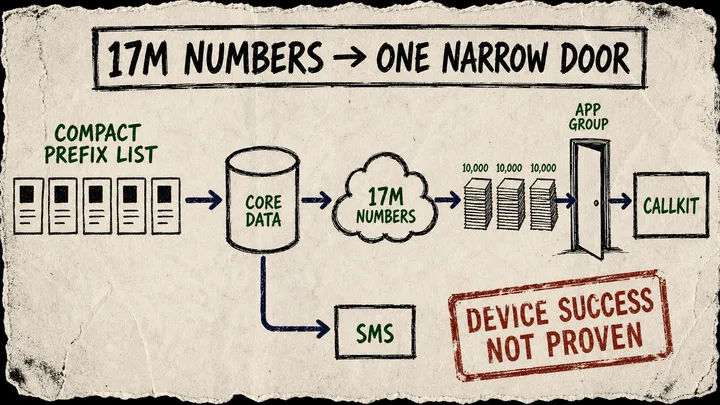 Diagram Punk poster mapping an API list through Core Data, a nearly 17-million-number expansion, 10,000-entry stacks, and an App Group doorway into CallKit, with a separate arrow to SMS and a warning that device success is not proven.