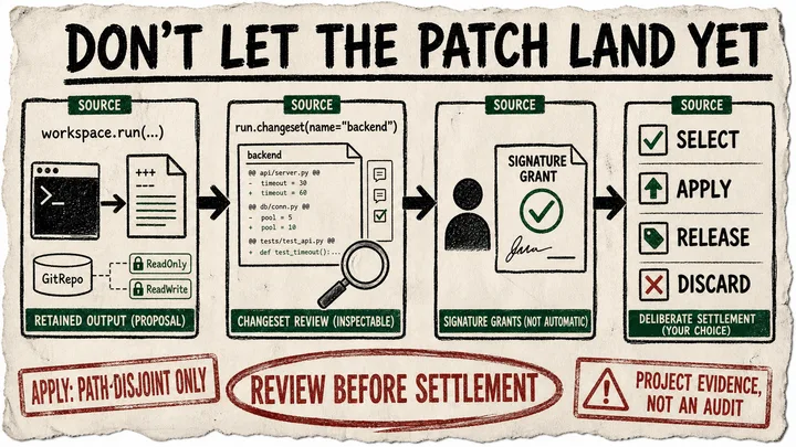 Photocopied Diagram Punk poster showing an agent run becoming a retained patch, a changeset review card, signature grants, and four settlement choices before the patch reaches a working tree.