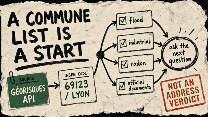 Torn-paper diagram showing the Géorisques API turning Lyon's INSEE code into flood, industrial, radon, and official-document checklist cards, stamped not an address verdict.