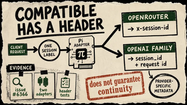 Torn-paper routing diagram showing one session label entering a Pi adapter and splitting to OpenRouter x-session-id or OpenAI-family session and request ID headers, with a continuity caveat stamp.