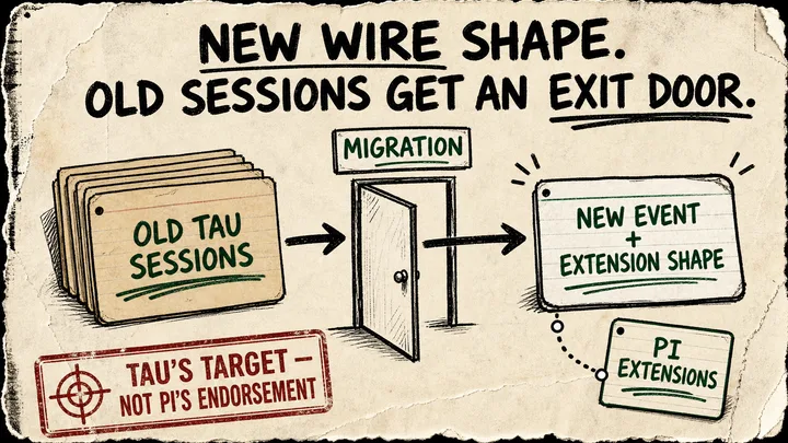 A zine-style diagram shows old Tau sessions crossing a migration doorway into a new event and extension shape, with Pi extensions shown as a reference and a caveat stamp.