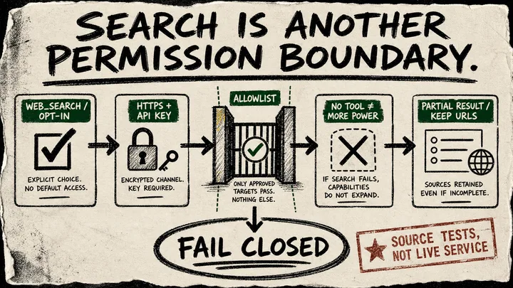 Photocopied marker diagram of an opt-in web-search tool passing an HTTPS and API-key gate into a narrow allowlist, with a red warning that no tool must not mean more power.