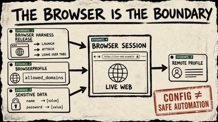Rough marker diagram on cream paper showing a Browser Use session moving through domain, data, and profile control cards, with a red caveat stamp.