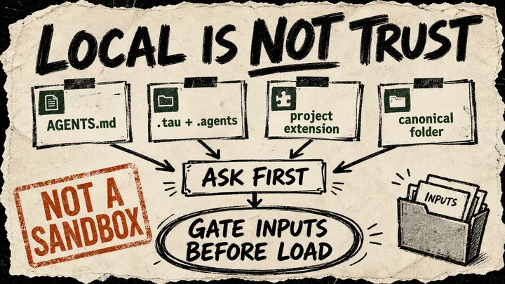A rough cream-paper diagram shows AGENTS.md, skills, prompts, and an extension feeding an ASK FIRST trust card, with a red NOT A SANDBOX stamp.