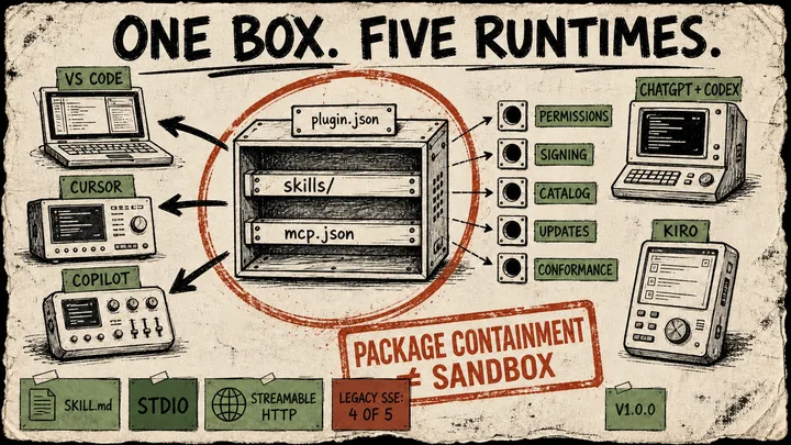 A rough zine-style cutaway shows a plugin.json chassis with skills/ and mcp.json rails feeding five different client machines, while empty sockets mark permissions, signing, catalog, updates, and conformance; a red stamp warns that package containment is not a sandbox.