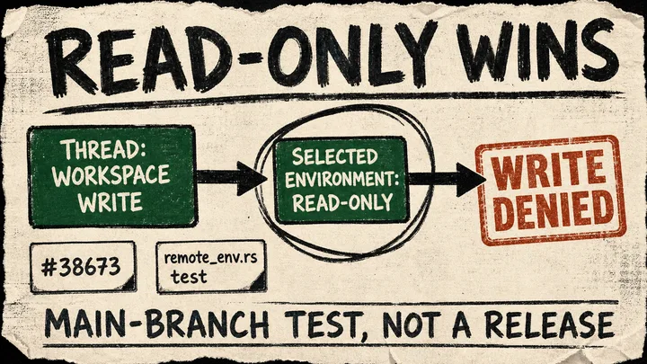 A torn-paper marker diagram shows a write-enabled thread feeding a selected read-only environment; a write arrow is stopped by a red denial stamp beside source cards for Codex change 38673 and its remote-environment test.
