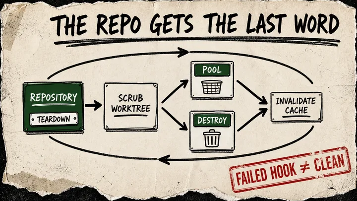A rough cream-paper diagram shows a project repository teardown card running before a scrub-worktree card, then branching to pool or destroy and cache invalidation, with a red caveat stamp that a failed hook is not proof of cleanup.