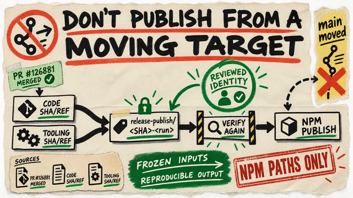 A torn-paper marker diagram separates a code SHA and tooling SHA from a moving main branch, then sends a protected release-publish tag through a verification gate to npm publish, with a stamp saying npm paths only.