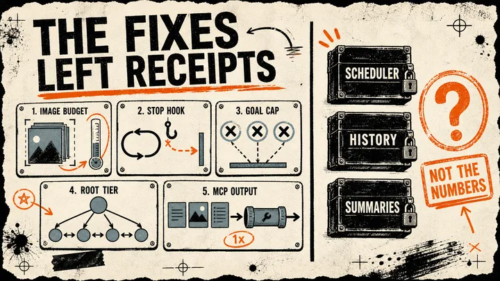 A punk newspaper evidence board shows five open source-fix cards—image budget, Stop hook, goal cap, root tier, and MCP output—beside three locked boxes for scheduler, history, and summaries stamped “Not the numbers.”