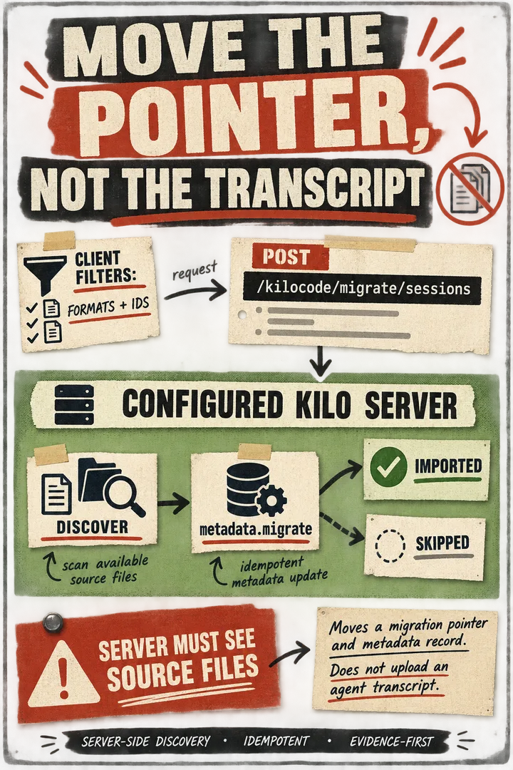 A rough-paper flow shows a client sending formats and IDs to a configured Kilo server, which discovers a session, records migration metadata, and skips it on a normal rerun.