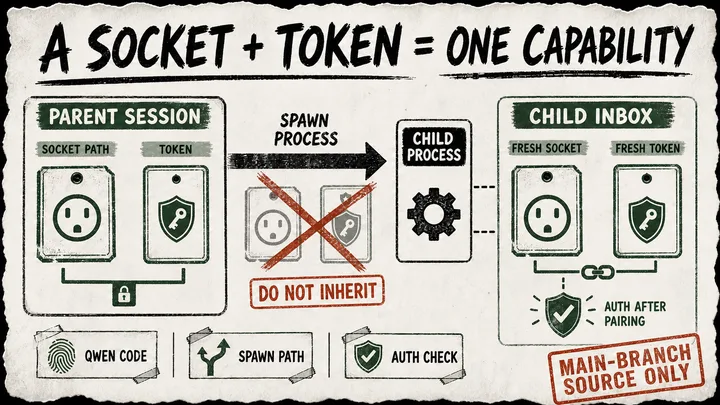 A rough cream-paper diagram shows Qwen Code treating a socket path and token as one credential pair, crossing it out before a child process and issuing a fresh pair for a new inbox.