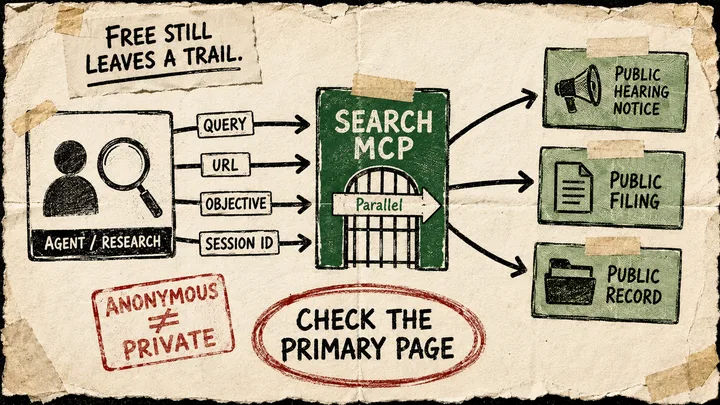 A photocopied cream-paper diagram shows an agent’s search and fetch cards traveling through a Parallel Search MCP endpoint, with a session-ID tag and red outbound arrows for query, URL, objective, and session ID beside a caveat that anonymous access is not private.