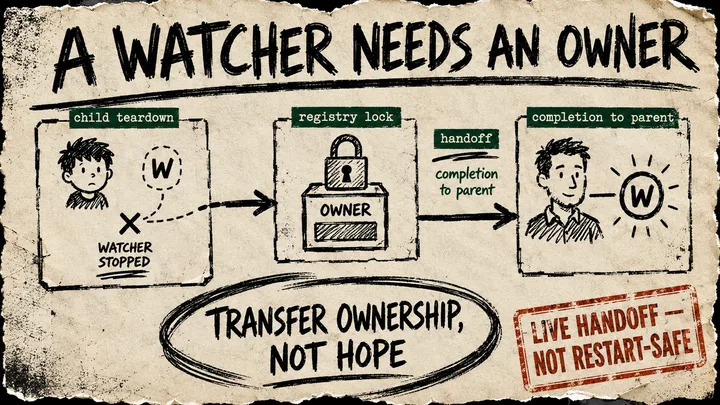 Photocopied marker diagram showing a child agent’s watcher stopped at teardown unless a handoff crosses a registry lock to the parent, with a live-handoff-not-restart-safe caveat.