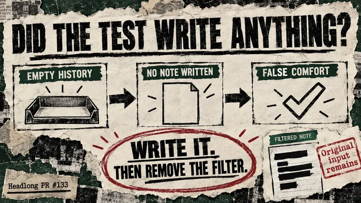 Empty history leads to no note and false confidence; a second diagram calls for a real write and a filter-removed test control.