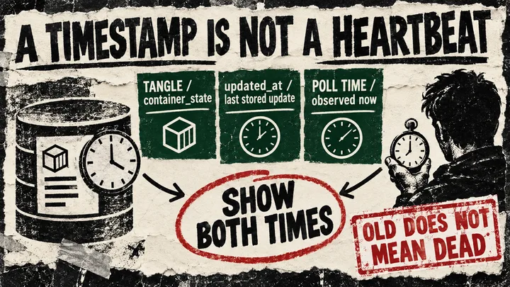 A Tangle container-state record and its stored update clock are shown beside a separate observation clock, with a warning that old does not mean dead.
