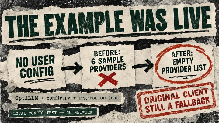 Three cards show no user config selecting six sample providers before the repair and an empty provider list afterward, with an original-client fallback caveat.