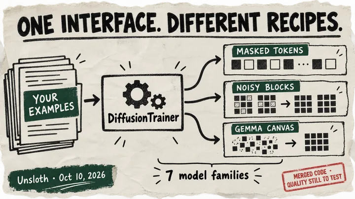 Training examples enter DiffusionTrainer and branch into masked-token, noisy-block and Gemma-canvas recipe groups, representing seven model families.