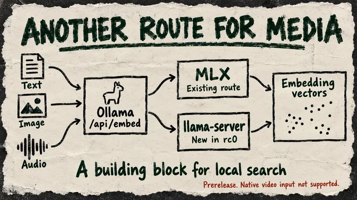Text, image and audio feed Ollama, branching to existing MLX and new llama-server routes that produce embedding vectors.