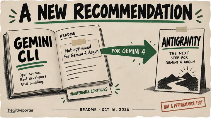 An open Gemini CLI book retains a maintenance tab while its README note points Gemini 4 readers toward an Antigravity sign; a stamp says this is not a performance test.
