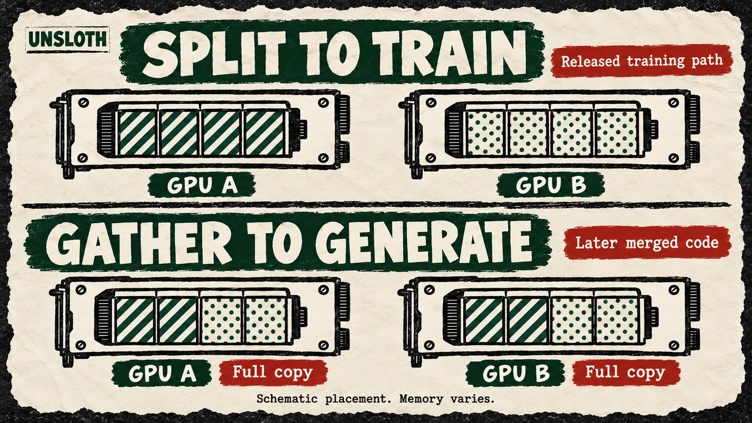 Two GPU trays hold complementary model fragments for training; below, each of the same trays holds a full model copy for generation. Training is labelled released, while generation is labelled later merged code.